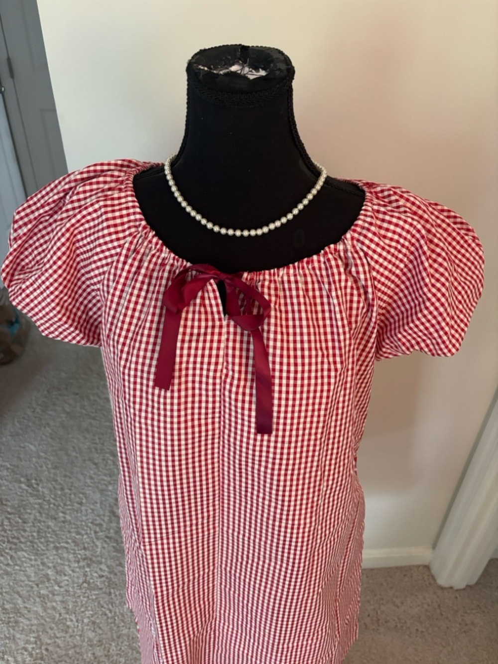 Red and White Gingham Puff Sleeve Peasant Dress with Ribbon w Pockets!